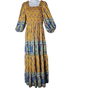 ME2MAGIC Yellow Paisley Smocked Maxi Dress‎ Square Neck Balloon Sleeve Boho M